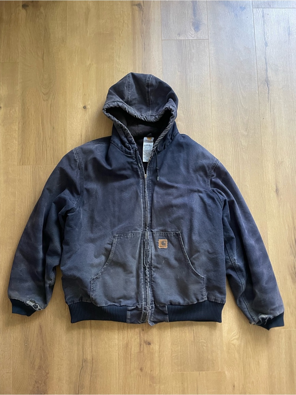 Distressed Carhartt Navy Blue canvas Full zip lined work jacket J130 XL men’s